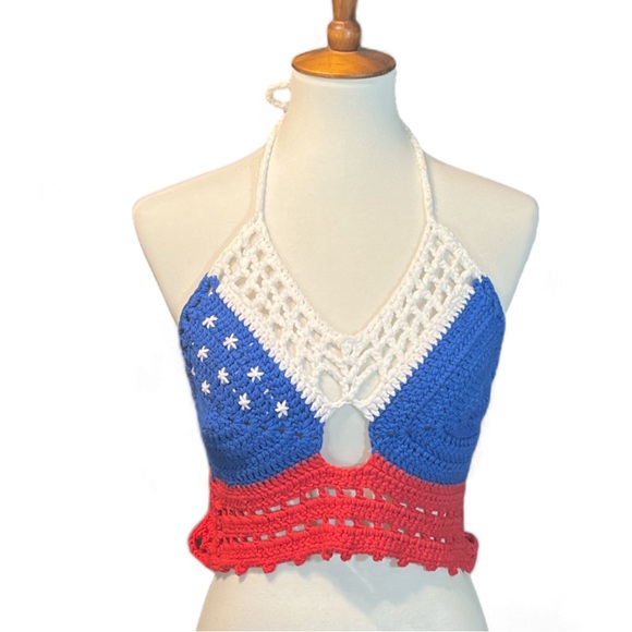 🇺🇸 Americana Halter Top 🇺🇸 Handmade Crochet USA Flag design Festival Tankini - Picture 3 of 5
